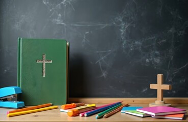 Green bible with cross rests on wooden desk near colorful pencils and stapler. Small wooden cross and books sit nearby. Chalkboard background implies learning.