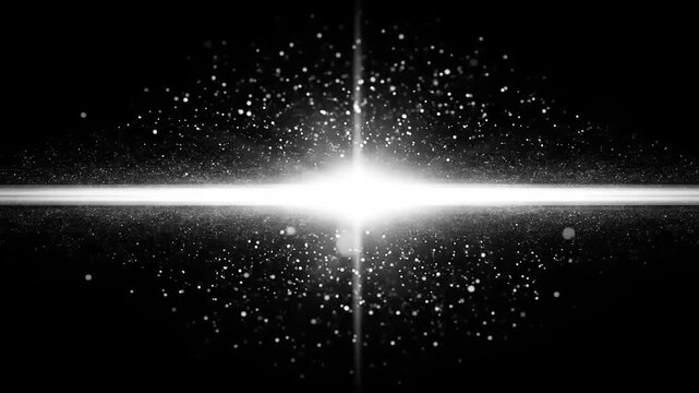 Bright, dazzling starburst emanating from a central point, with shimmering particles and a powerful light beam traversing a darkened black background, highlighting celestial themes and creating...