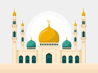 The image showcases a beautifully designed mosque with glowing domes and minarets, highlighting intricate Islamic architecture and its cultural significance.