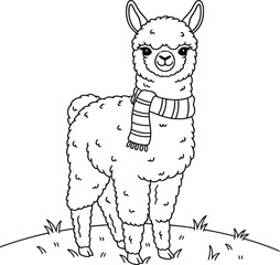 Obraz premium Cute Llama Wearing A Striped Scarf In Black And White alpaca animal
