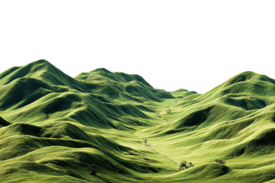 Rolling green hills extend into valley against black