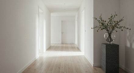 Fototapeta premium Minimal hallway with pale wooden floor, white walls, and a single elegant floral display on a stone pedestal, calm atmosphere