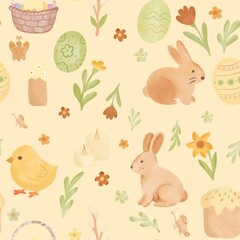 Cute Easter seamless pattern with bunnies, decorated eggs, spring flowers, basket and chicks in soft pastel colors – hand drawn watercolor vector background