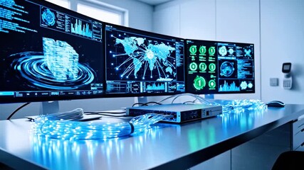 Futuristic tech setup with curved monitors displaying data visualizations. Fiber optics. Blue hues