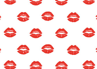 Seamless pattern of lipstick kiss prints. Repeated red and pink lip marks creating a romantic, feminine background. Ideal for fashion, beauty packaging, textiles, and Valentine designs