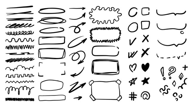Scribble doodle underline and emphasis shapes. Hand-drawn brush stroke lines, highlights, arrows, speech bubbles, clouds, and sparkle elements in a playful childish sketch style.