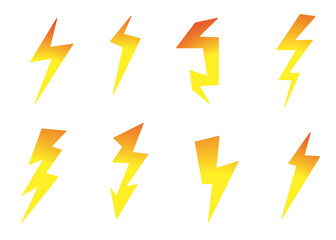 Set of yellow lightning bolt icons in vector format. Simple and bold design representing electricity, energy, power, or speed. Perfect for web, apps, and graphic projects.
