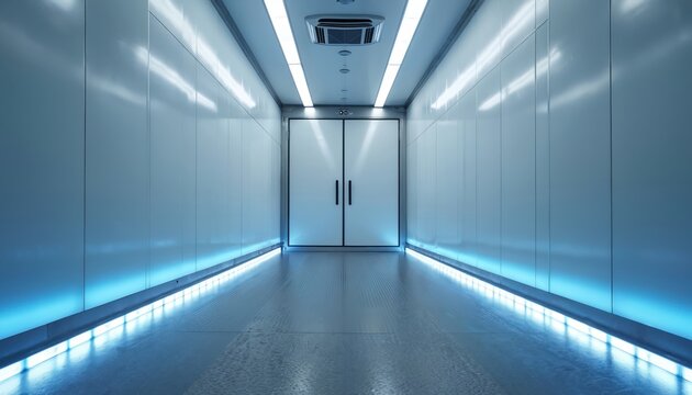 Empty sterile corridor with blue light accents leads to closed double doors. Modern interior hallway with clean walls and ceiling lights. Industrial building passage with no people.