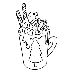 Christmas freakshake with cookies and whipped cream in outline style. Hand drawn vector isolated illustration. 