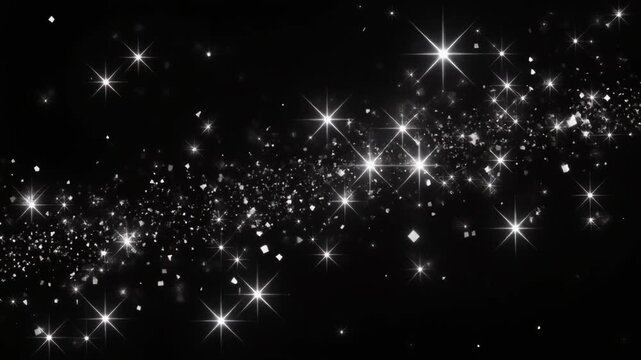 A celestial cascade of shimmering silver glitter and sparkling starbursts drifting across a deep black background