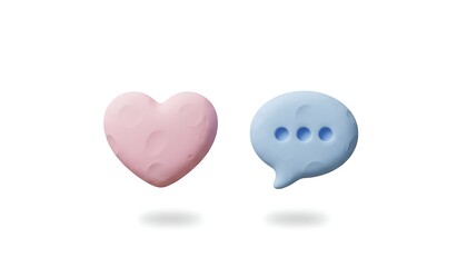 3D cartoon heart and comment icons placed side by side in pastel pink and blue tones, symbolizing likes and conversations on social media, smooth rounded style, isolated on white background.