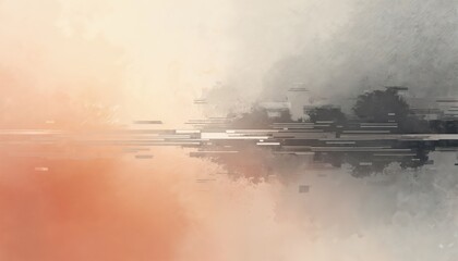 Abstract tech style illustration with grunge texture. Contemporary artwork features peach beige apricot gradient shades. Geometric lines create modern pattern on canvas. Use for banner design