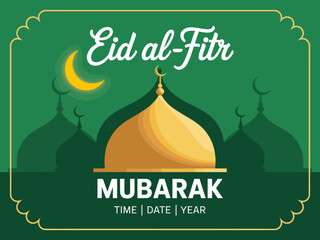 This image captures the essence of Eid al-Fitr with its vibrant colors, crescent moon, and majestic mosque silhouette creating a festive atmosphere of joy and unity.