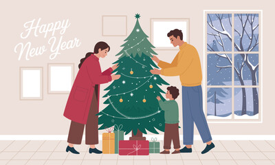 A warm scene of a family joyfully decorating a Christmas tree together, showcasing a loving atmosphere filled with holiday spirit and togetherness as they welcome the new year.