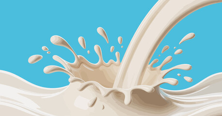 A vibrant scene featuring a stream of milk pouring into a bowl, creating a splash effect against a bright turquoise backdrop, symbolizing freshness and vitality.