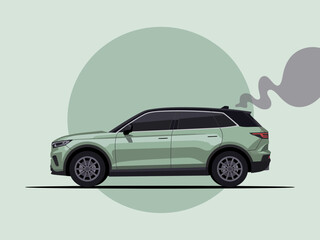 This image depicts a sleek SUV emitting smoke, set against a light green backdrop, emphasizing the contrast of modern design and environmental concerns.