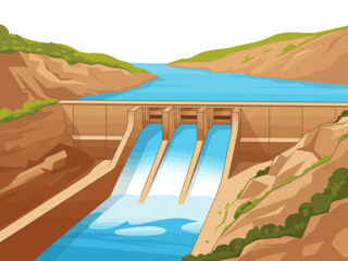 A detailed illustration of a dam shows water flowing through its channels, emphasizing the importance of water management in environmental conservation and energy generation.