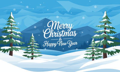 A beautiful winter landscape decorated with snow-covered trees, offering a festive and cheerful atmosphere for Christmas and New Year celebrations.