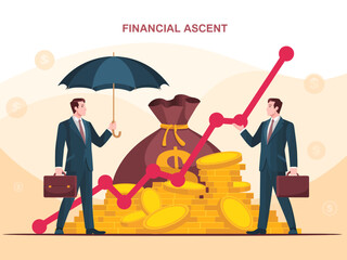 This image depicts two businessmen with an umbrella and a bag of money, symbolizing financial growth and safety in investments amidst market fluctuations.