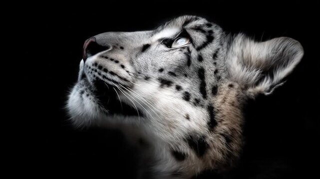 Snow leopard portrait against black background high detail close up