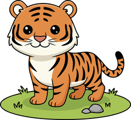 Cute Indochinese Tiger (Panthera tigris corbetti) cub standing on grass, happy wild cat animal character clipart isolated on transparent background