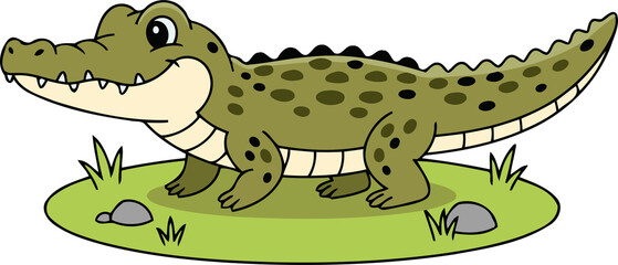 Cute Orinoco Crocodile Standing on Grass, Green Reptile - Animal Character Illustration Isolated on Transparent Background