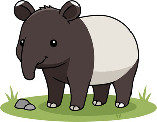 Cute Malayan Tapir (Tapirus indicus) standing on grass, black and white herbivore animal character clipart isolated on transparent background