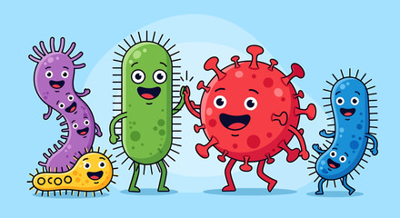 Illustration Vector SVG of Cute Cartoon Germs in Green Red Blue and Purple Funny Flat Design