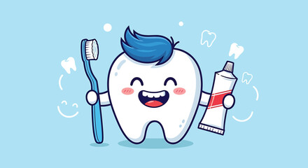 Cartoon Tooth Character Vector SVG Illustration with Toothbrush and Toothpaste in Flat Design Style