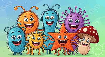 Illustration Vector SVG of Cartoon Microbes Bacteria and Mushroom in Colorful Happy Design