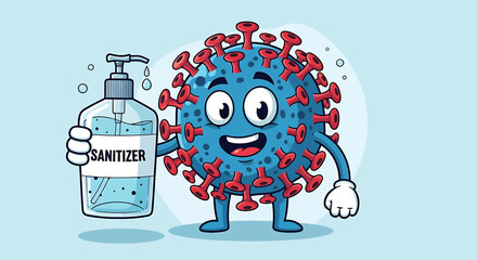 Illustration Vector SVG of Cartoon Virus with Sanitizer in Flat Design Style