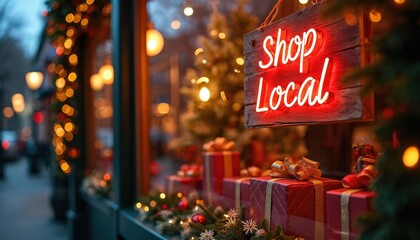 Christmas shop window displays festive lights and gifts. Neon Shop Local sign encourages community support for small business. Holiday retail promotion.
