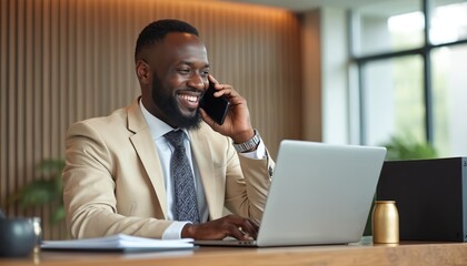 Smiling african american businessman works on laptop. Man talking on phone. Positive manager communicates with partners. Happy leader works in office using computer for online conference. Male worker