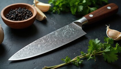 Damascus steel knife with wood handle lays on dark countertop. Black peppercorns in wooden bowl. Fresh garlic cloves, parsley next to. Shows cooking preparation with quality kitchen tools, fresh © Maryna