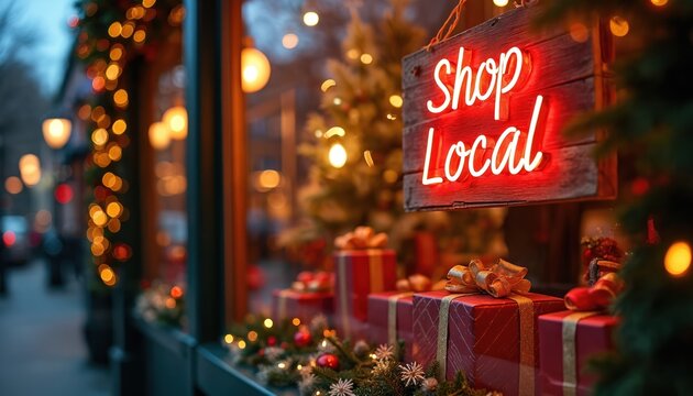 Christmas shop window displays festive lights and gifts. Neon Shop Local sign encourages community support for small business. Holiday retail promotion.