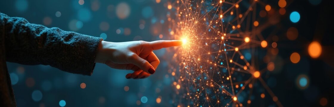 Hand interacts with digital network graph, pointing to glowing node. Future tech, global connection, data flow. Modern innovation, artificial intelligence, metaverse concept. Abstract virtual reality