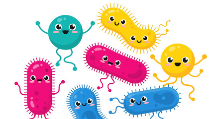 Illustration Vector SVG Design of Cartoon Bacteria Characters in Flat Style with Pink Blue Yellow for Educational Use