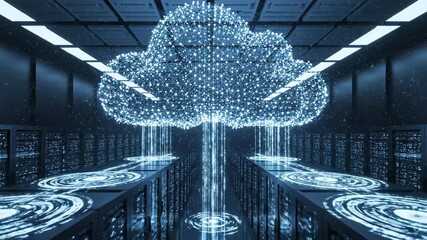 4k CGI rendering of a digital cloud computing system sending data in a blue-toned server room with symmetrical rows of computer racks, illustrating modern technology - Powered by Adobe