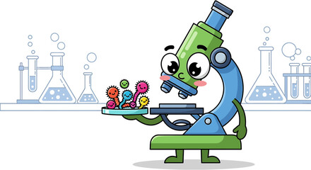 Illustration Vector SVG of Cartoon Microscope Character Holding Bacteria in Green and Blue Flat Design