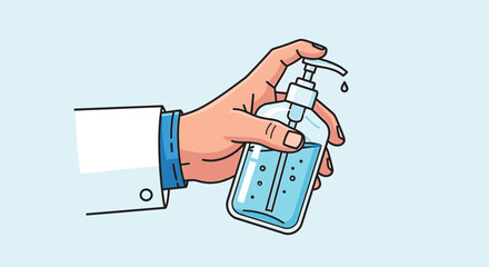 Vector SVG Illustration of Hand Sanitizer Bottle Held by Hand in Modern Line Art Style with Blue Accents