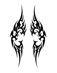 A symmetrical pair of vertical black tribal tattoo designs featuring sharp curves, aggressive spikes, and swirling organic shapes resembling stylized wings or flames, isolated on a white background