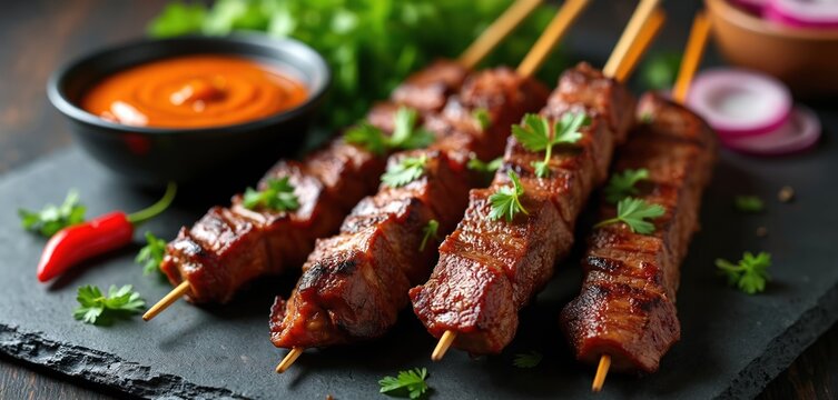 Suya is a popular west African street food with grilled beef skewers seasoned with spices. It is served with a flavorful peanut sauce. Aromatic suya snack on plate for culinary tradition.
