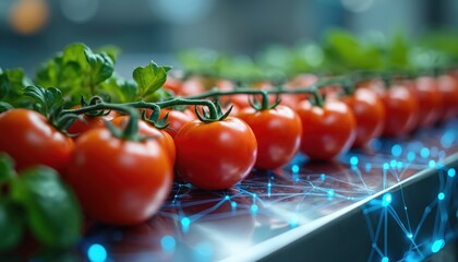 Ripe tomatoes grow on vine in modern farm. Technology tracks plant health and ensures food safety. Smart farming uses digital network for crop management and quality.