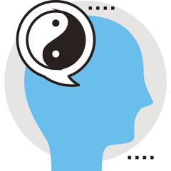 Illustration of a light blue head profile with a white speech bubble containing a black and white yin yang symbol inside a circle on a grey circular background with black dots representing thought