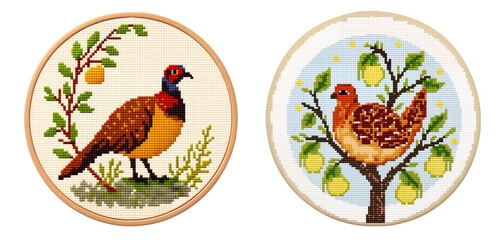 Obraz premium Two cross-stitched partridges on a pear tree in wooden frames, isolated