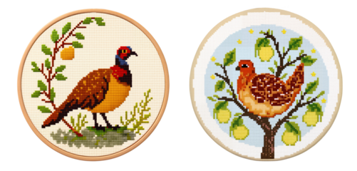 Two cross-stitched partridges on a pear tree in wooden frames, isolated