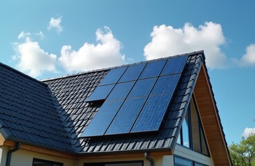 Modern house roof with installed blue solar panels under a bright cloudy sky. Photovoltaic cells collect sunlight for clean electricity generation. Eco friendly renewable energy.