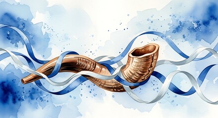 Shofar Horn and Blue Ribbons - Rosh Hashanah Watercolor Illustration.