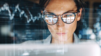 Focused businesswoman analyzing stock market data reflected in her glasses in a modern office, making key financial decisions with confidence and skill