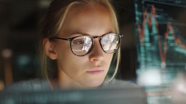 Focused blonde woman analyzing stock market data on screen, trading with intent, investing with purpose, finance professional, financial analysis, data driven decision